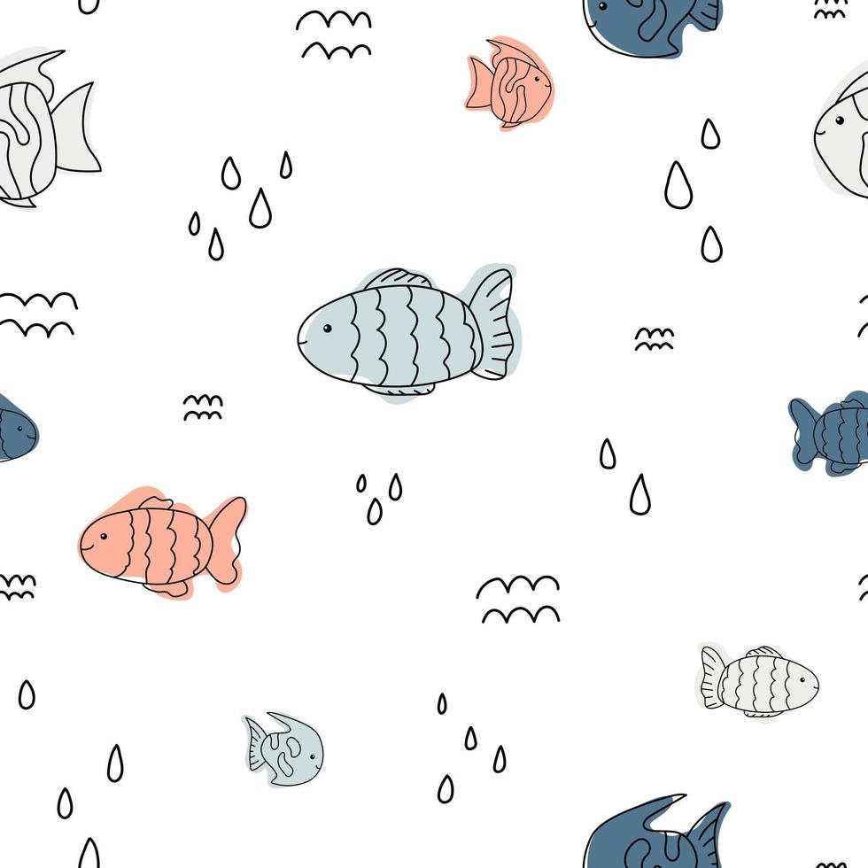 carino pastello pesce mare modello linea bianca doodle sfondo oceano vettore