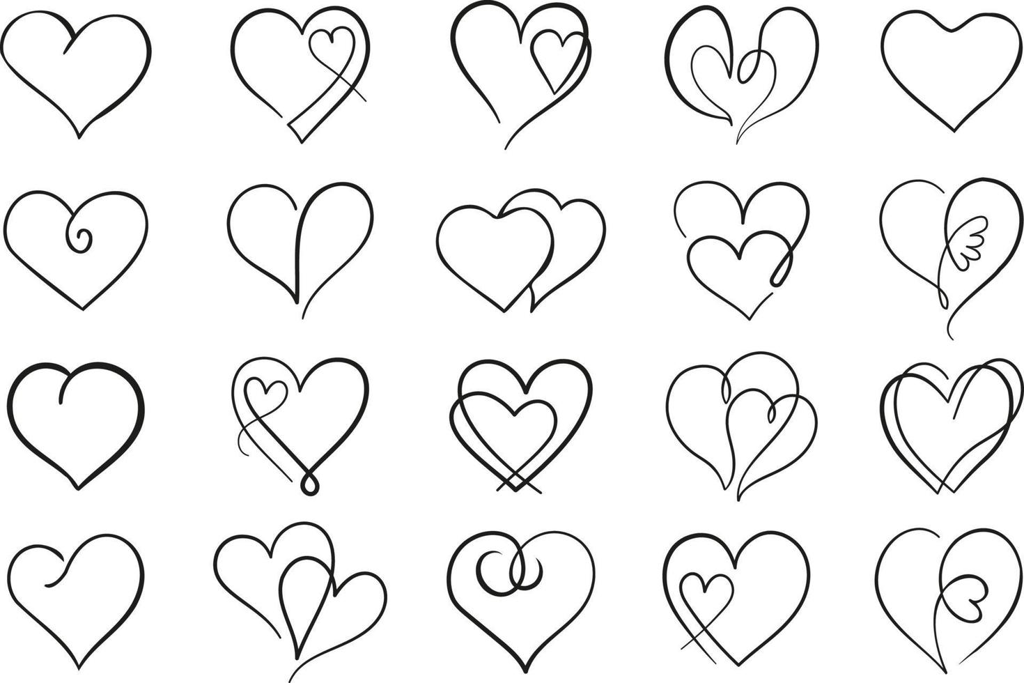 contorno vettoriale cuore set. raccolta di icone del cuore di linea sottile nera.