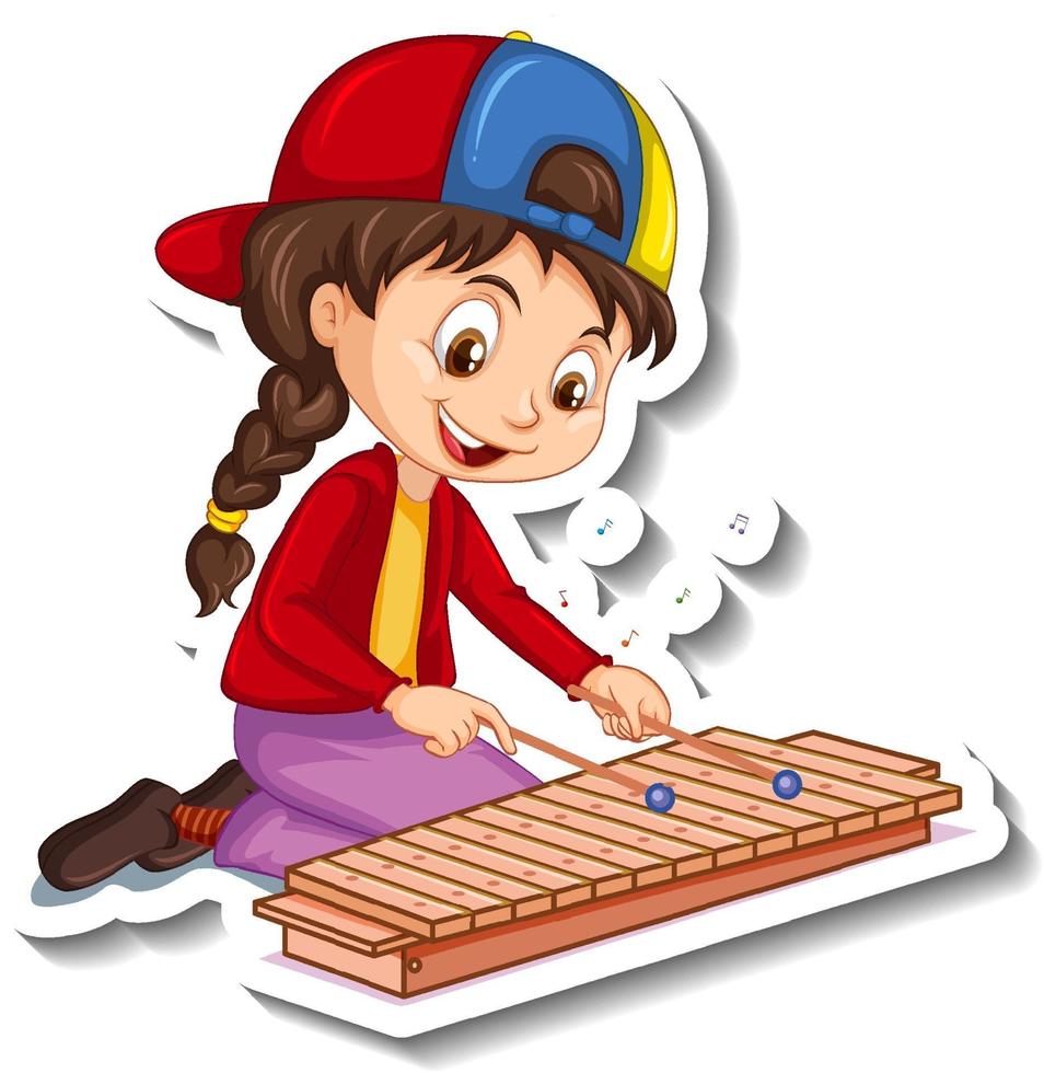 adesivo personaggio dei cartoni animati con una ragazza che suona lo xilofono vettore