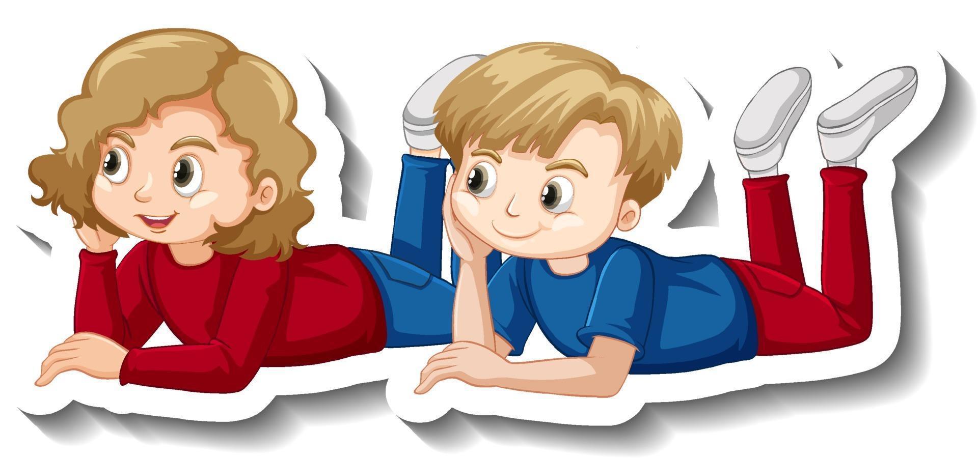 coppia di bambini che depongono l'adesivo del personaggio dei cartoni animati vettore