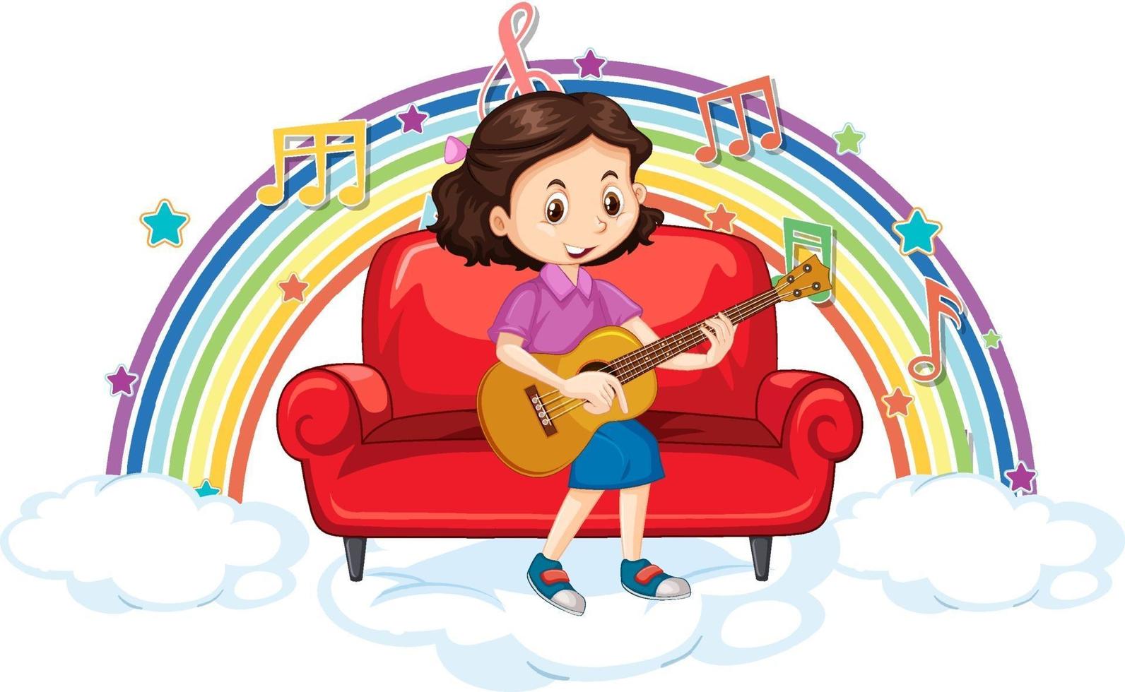 ragazza che suona la chitarra con i simboli della melodia sull'arcobaleno vettore