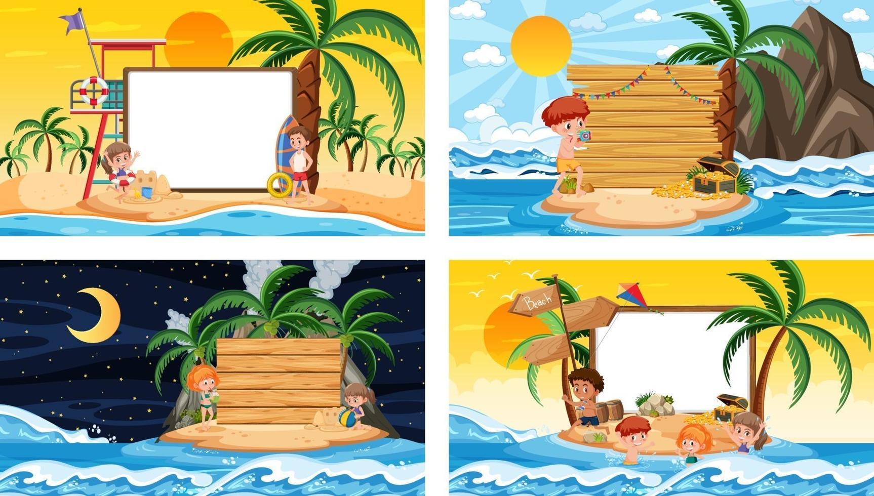 set di diverse scene di spiaggia tropicale con banner bianco vettore