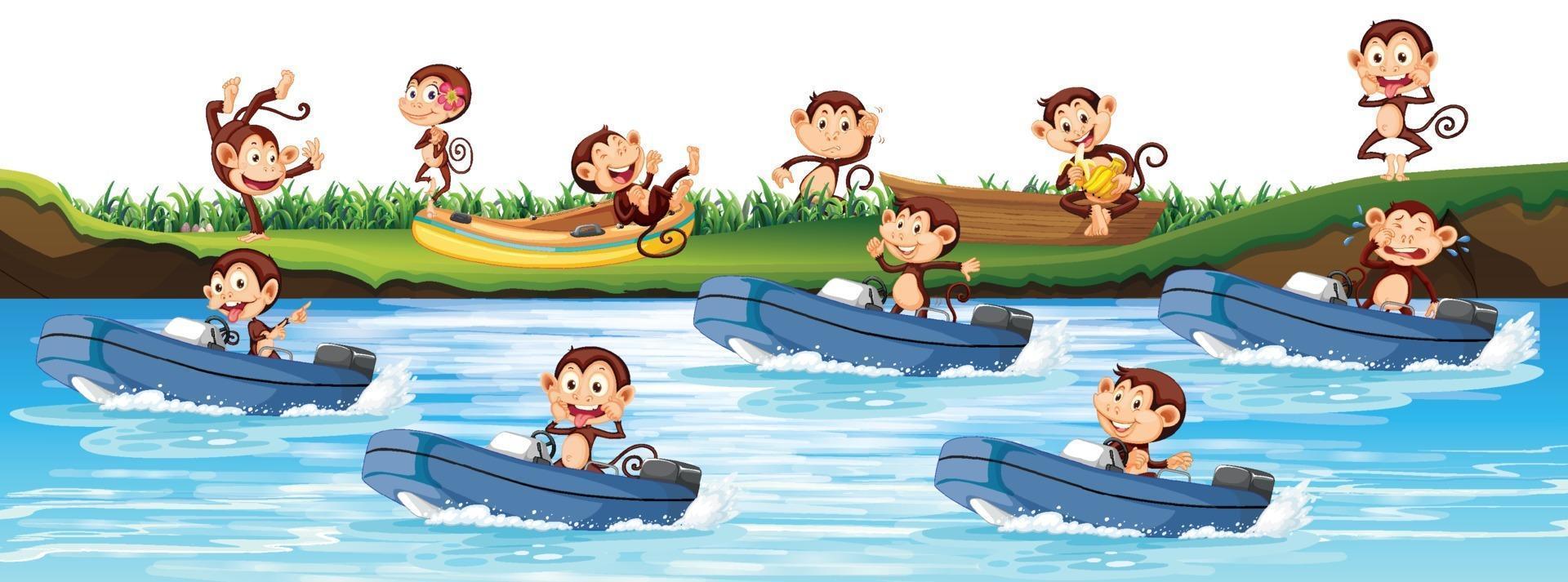 un sacco di scimmie in barca a motore nel fiume vettore