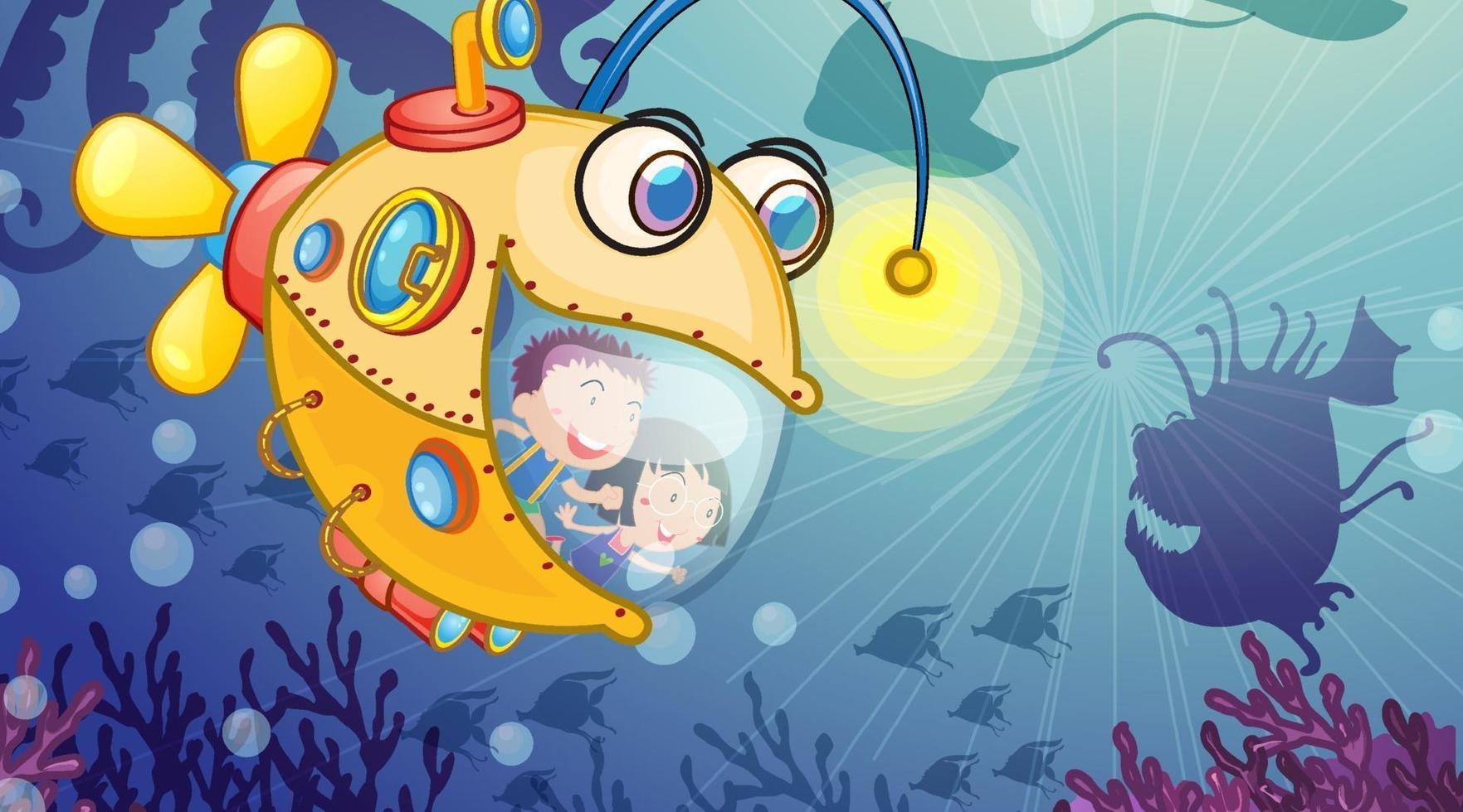 scena subacquea con bambini felici in sottomarino che esplorano il sottomarino vettore