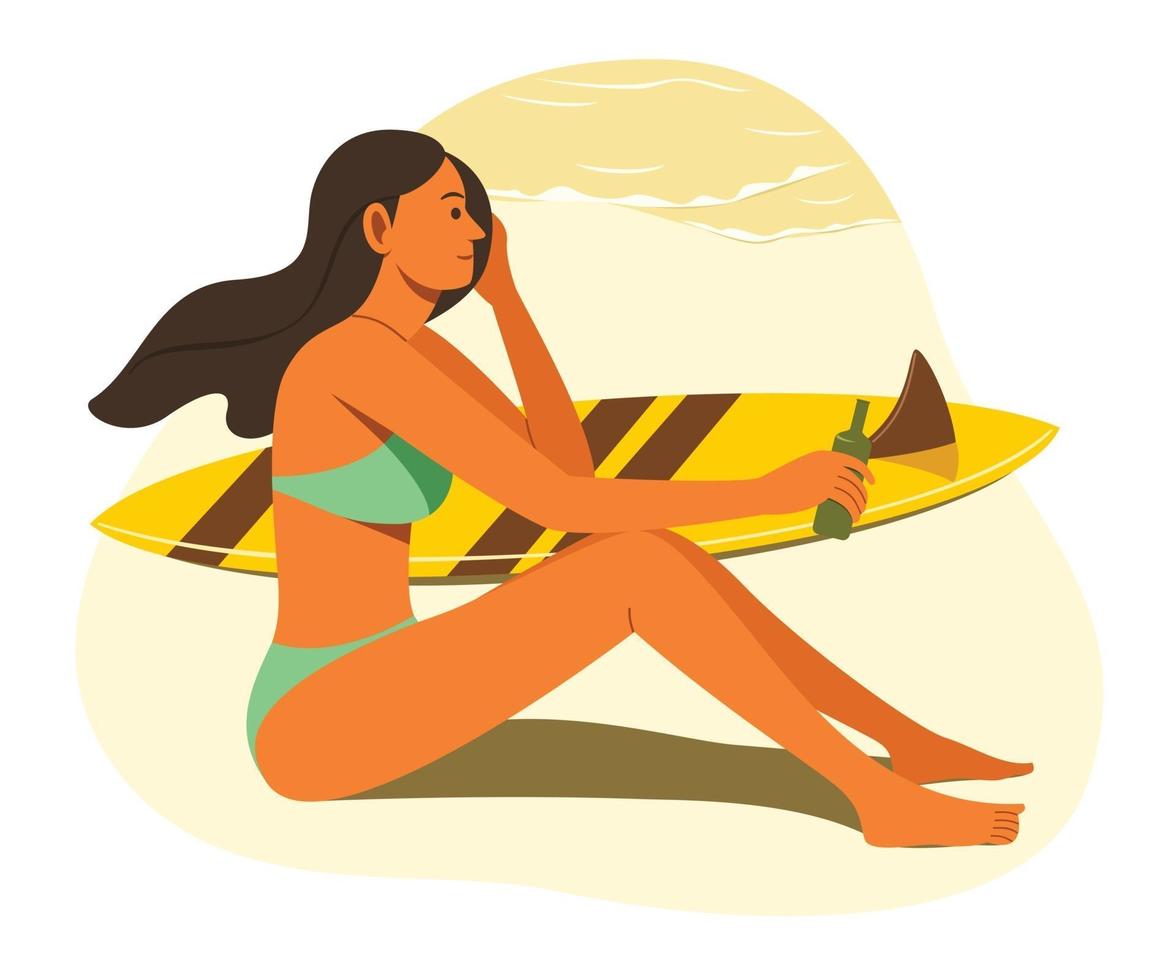 la donna gode dello stile di vita estivo sulla spiaggia con la tavola da surf. vettore
