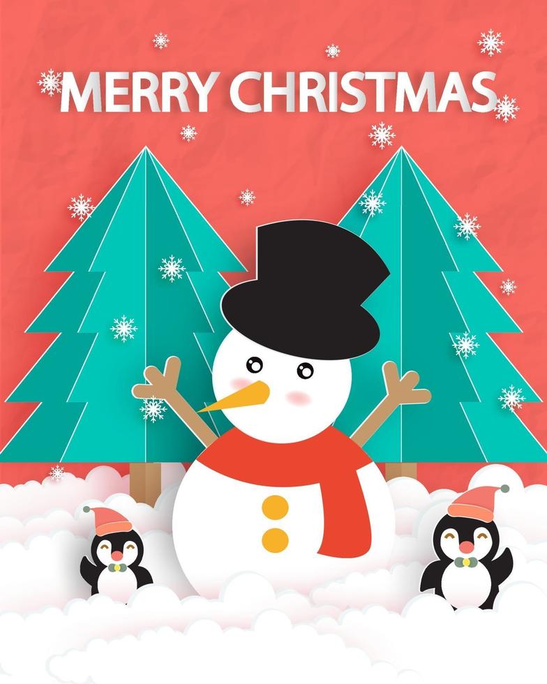 cartolina di Natale con un simpatico pupazzo di neve. vettore
