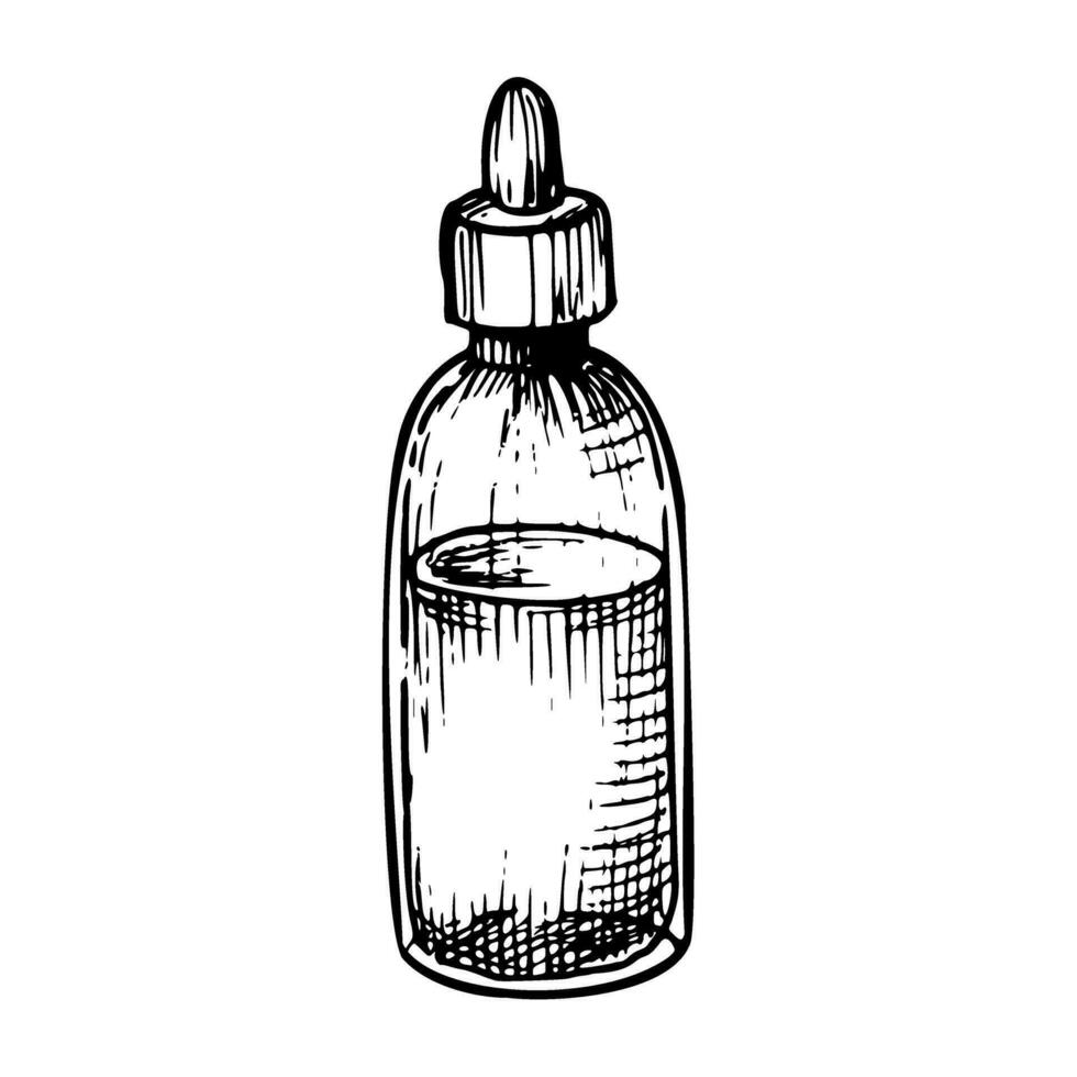 bicchiere bottiglia di essenziale olio su isolato sfondo. mano disegnato vettore di Vintage ▾ flacone per liquido confezione. lineare disegno per terme, aromaterapia trattamento, alternativa medicinale, bellezza cosmetico