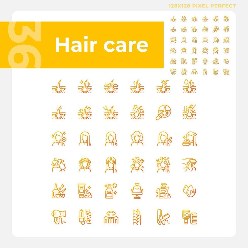 pixel Perfetto pendenza icone collezione che rappresentano cura dei capelli, magro linea arancia illustrazione. vettore