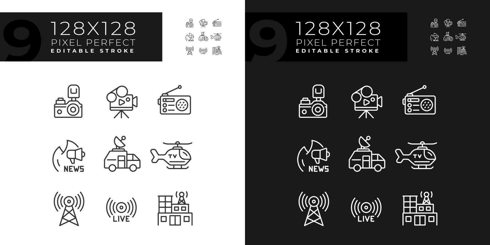 pixel Perfetto buio e leggero icone che rappresentano giornalismo, modificabile magro linea illustrazione impostare. vettore