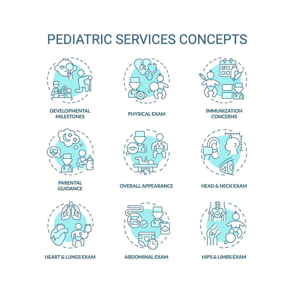 pediatrico Servizi turchese concetto icone impostare. bambino sviluppo. Salute cura. infanzia malattia. bambino medico. assistenza all'infanzia centro idea magro linea colore illustrazioni. isolato simboli. modificabile ictus vettore