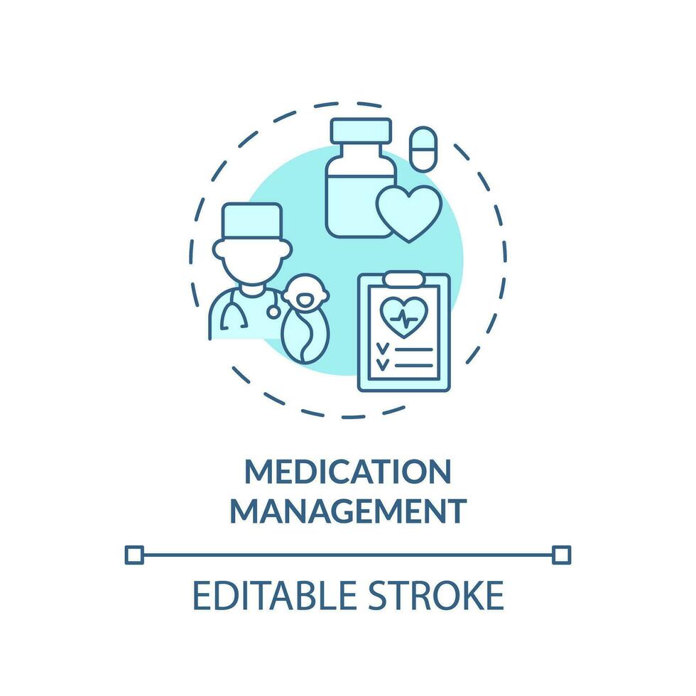 medicazione gestione turchese concetto icona. medico prescrizione. lato effetto. malattia trattamento. cura Piano astratto idea magro linea illustrazione. isolato schema disegno. modificabile ictus vettore