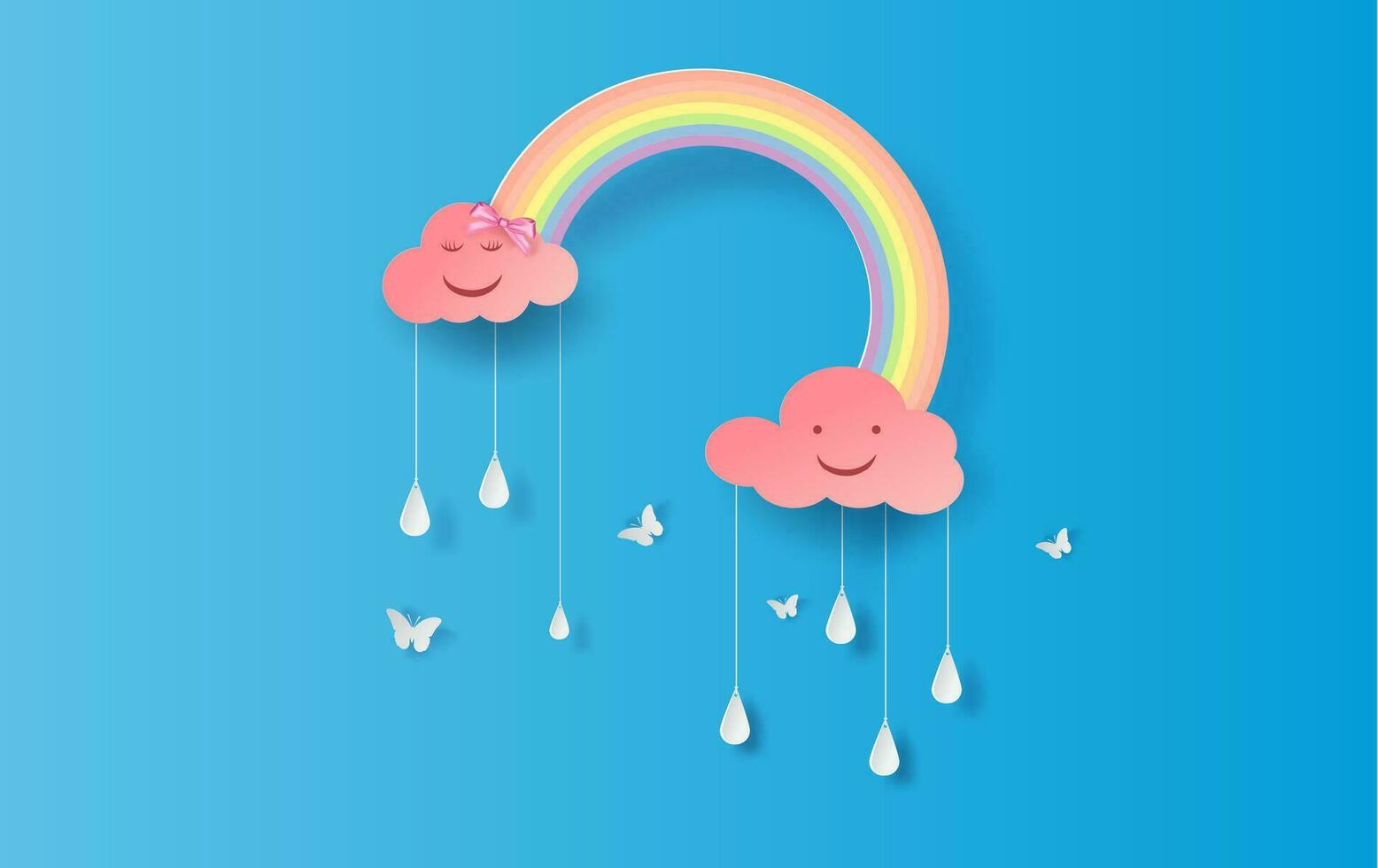 illustrazione di personaggio arcobaleno nel il piovoso stagione. carta tagliare design per nuvole e arcobaleno nel pioggia tempo.creativo idea carta mestiere di pastello colore minimo stile su blu sfondo. vettore. eps10. vettore