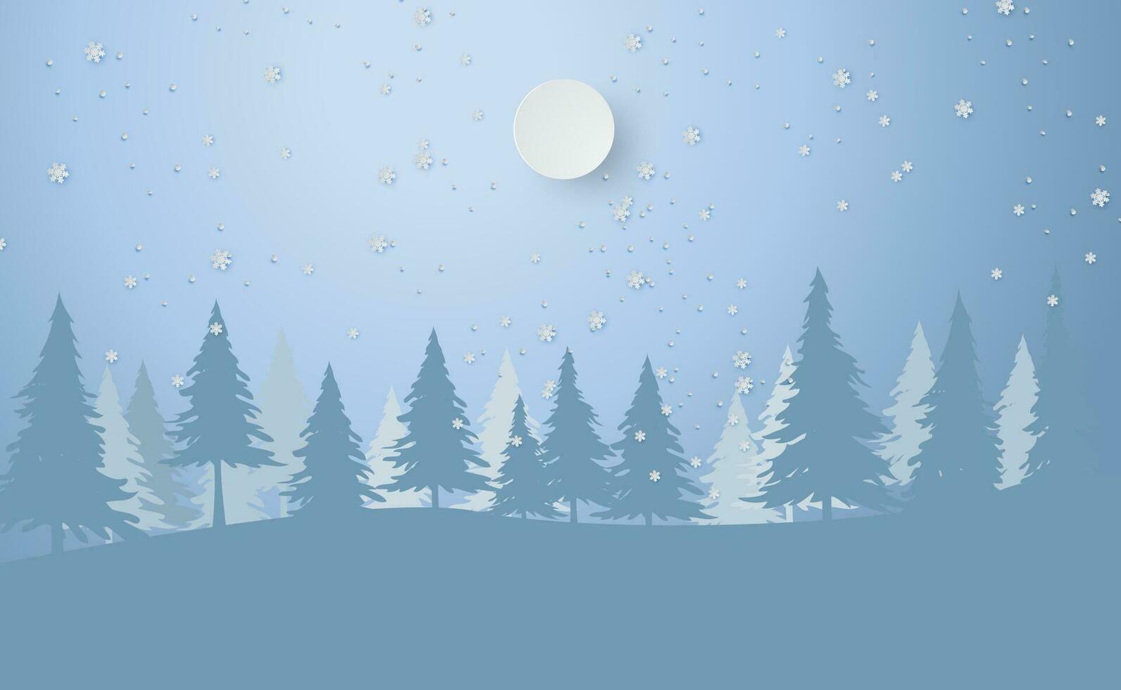 scenario allegro Natale e nuovo anno su vacanze sfondo con foresta inverno i fiocchi di neve stagione paesaggio.creativo nevicata e pieno Luna carta arte e tagliare per carta e cartolina vettore illustrazione.