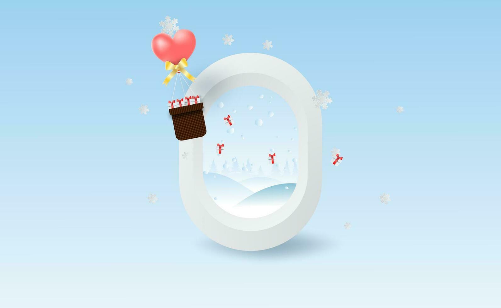 scenario allegro Natale e nuovo anno su vacanze sfondo con inverno i fiocchi di neve stagione.creativa carta tagliare e mestiere di Palloncino cuore regalo scatola volare su aereo finestra Visualizza concetto idea.vettore eps10 vettore