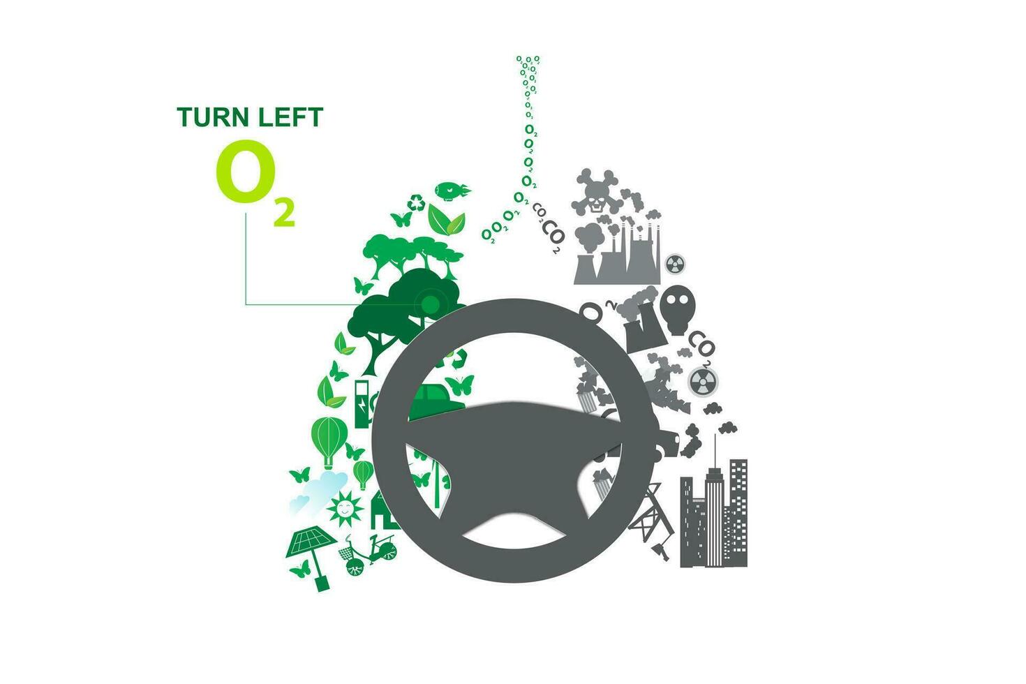 verde città opposti con eco polmone concetto elementi.ambiente ecologia natura elemento.creativo grafico timone ruota auto guidare controllo sinistra ossigeno design. natura icona globale inquinamento idea.vettore vettore