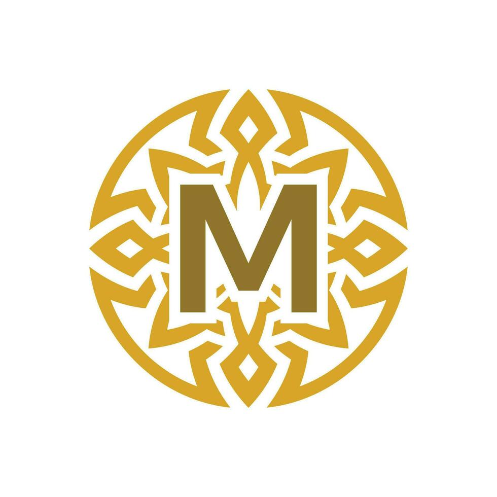elegante emblema distintivo iniziale lettera m etnico antico modello cerchio logo vettore