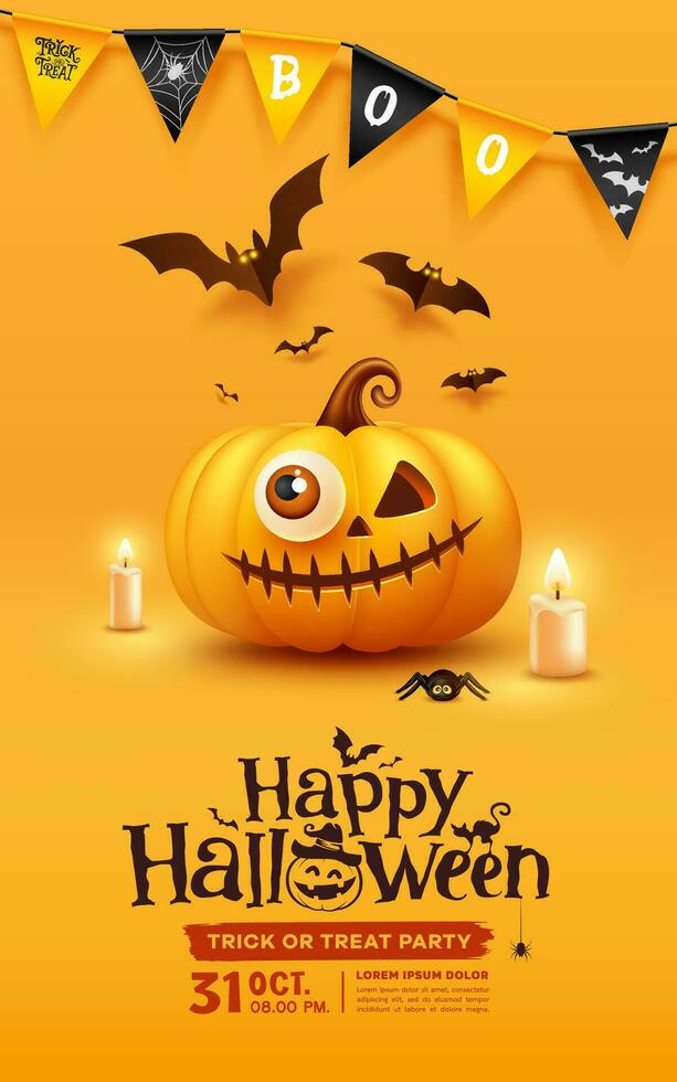 contento Halloween arancia zucca, pipistrello volare, ragno, candela e colorato bandiera manifesto aviatore design su giallo sfondo, eps 10 vettore illustrazione