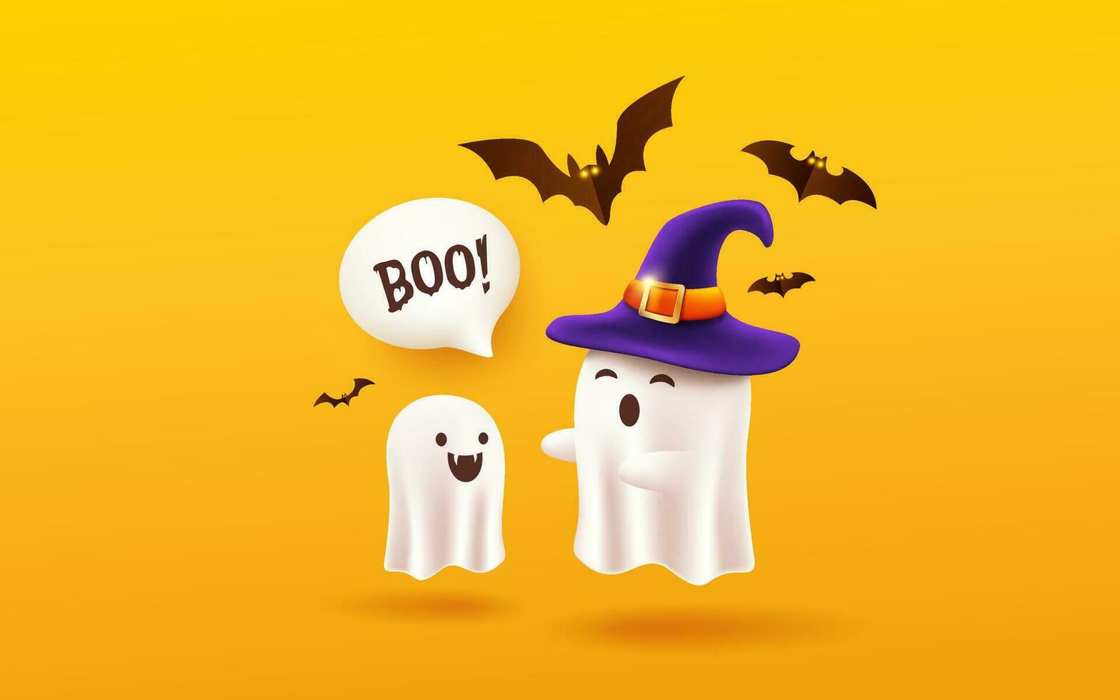 Halloween fantasma indossare un' viola cappello e bambino fantasma con pipistrello volante design giallo sfondo, eps 10 vettore illustrazione
