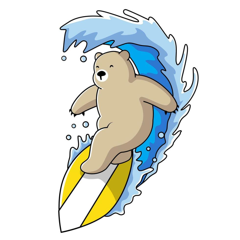 carino orso fare surf onda illustrazione cartone animato vettore