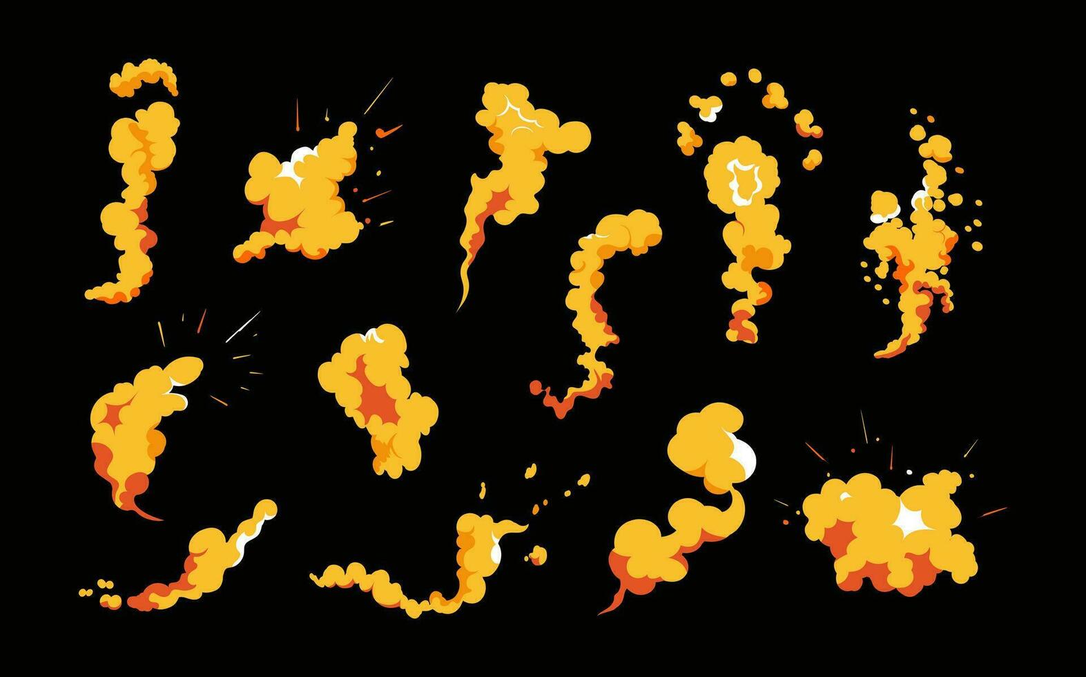 Fumo esplosione animazione di un esplosione con comico volante nuvole. impostato di isolato vettore illustrazioni per creare un esplosione effetto. il effetto di Fumo movimento, scintillare e dinamico boom.