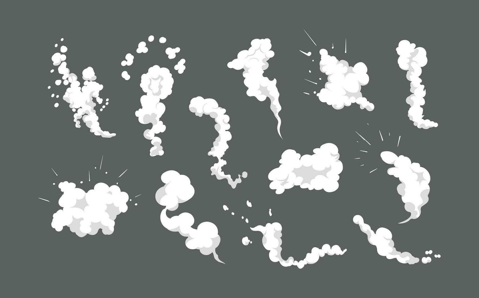 Fumo esplosione animazione di un esplosione con comico volante nuvole. impostato di isolato vettore illustrazioni per creare un esplosione effetto. il effetto di Fumo movimento, scintillare e dinamico boom.