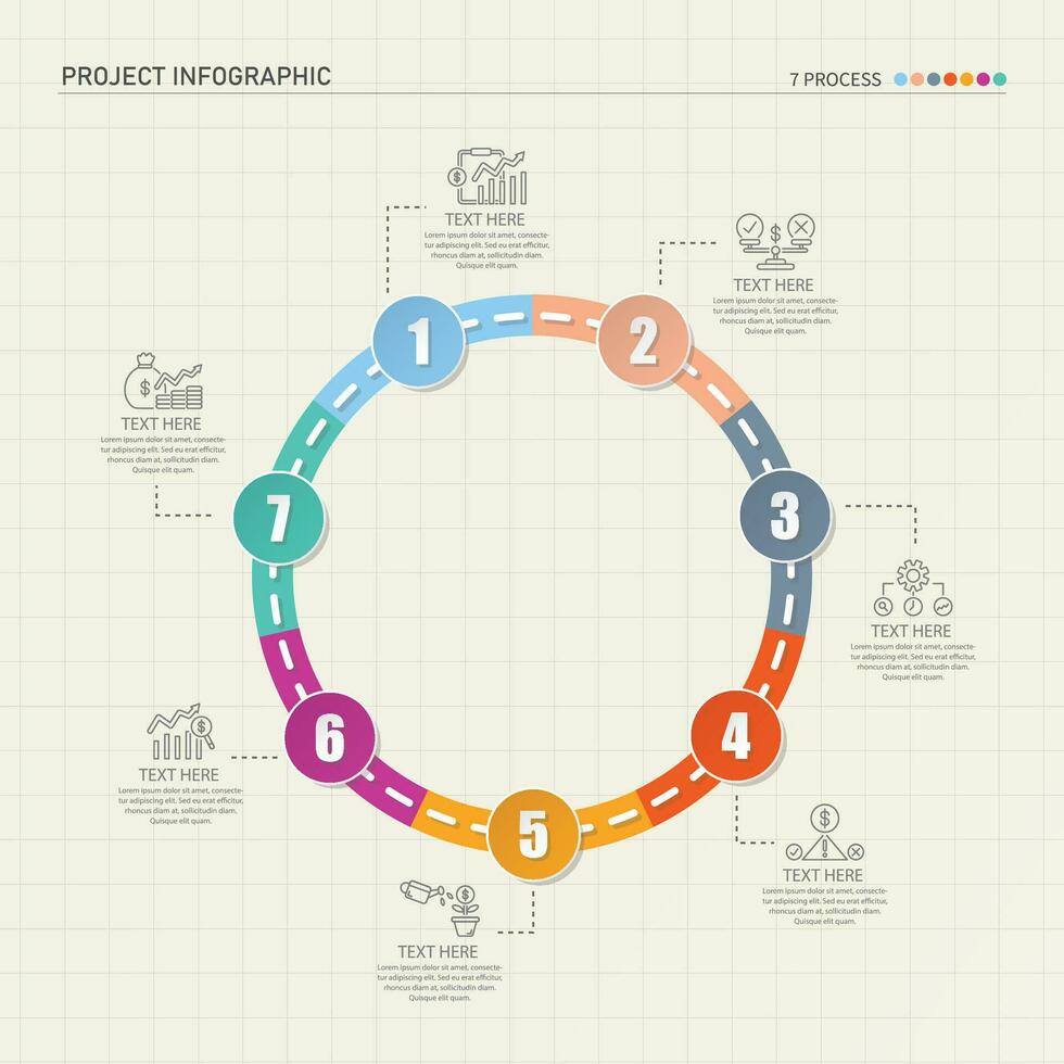 strada modo Infografica cerchio di 7 passaggi e attività commerciale icone per finanza processi passi. vettore