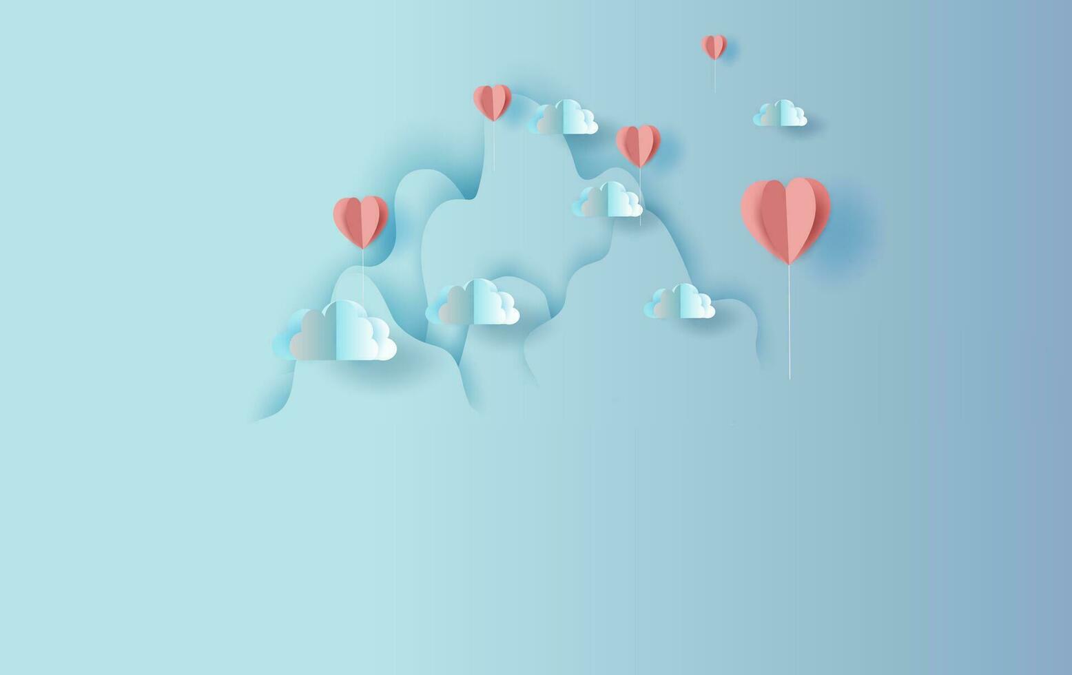 illustrazione di origami rosso palloncini cuore forma galleggiante con montagne paesaggio Visualizza scena posto per il tuo amore testo spazio background.valentine's giorno concept.design carta tagliare e mestiere stile vettore