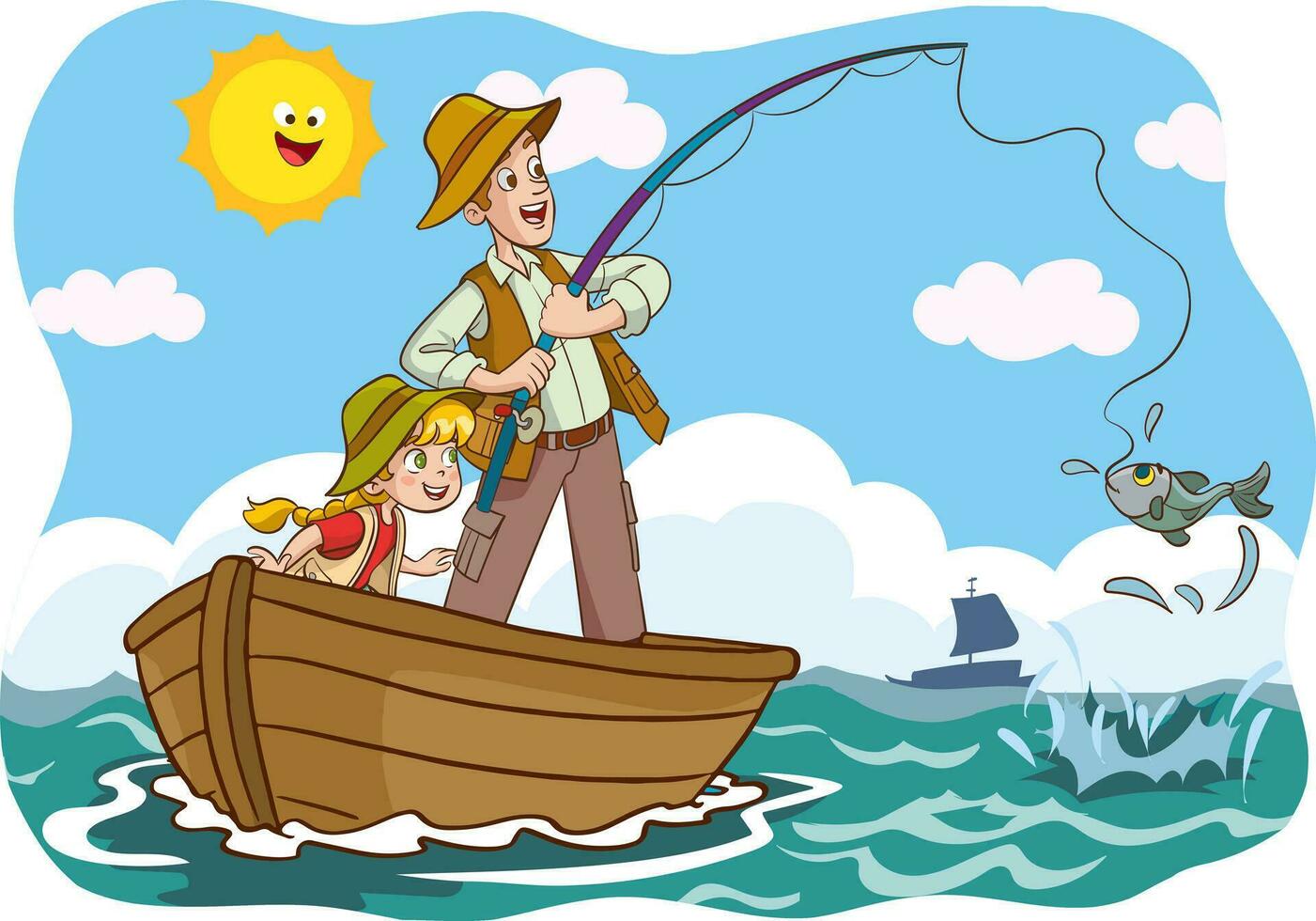 vettore illustrazione di padre e bambini pesca