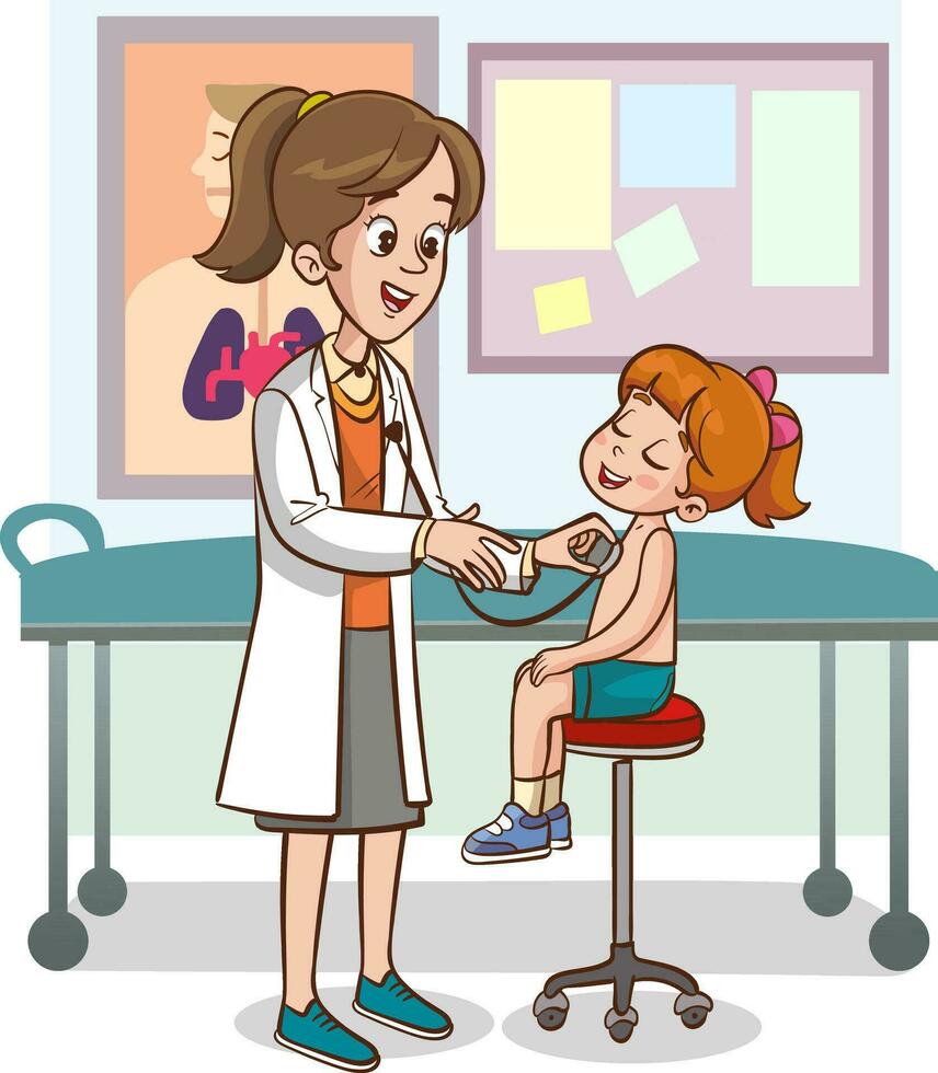 pediatra l'esame un' poco ragazza con stetoscopio. vettore illustrazione.