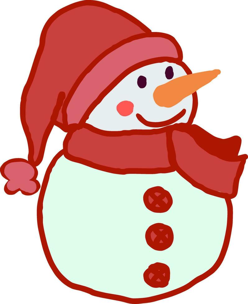 Natale pupazzo di neve con rosso cappello e sciarpa mano disegnato vettore