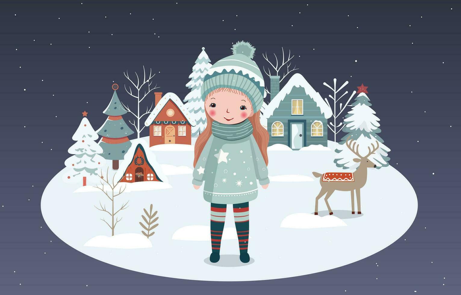 mano disegnato inverno bandiera con ragazza, nevoso alberi, case. Natale disegno, sfondo, manifesto. invernale scene. vettore
