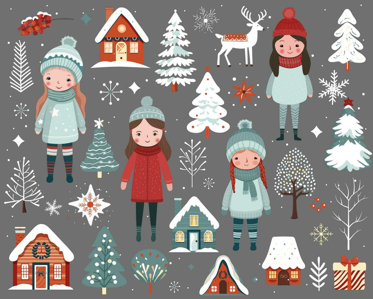 scandi Natale elementi, carino ragazze, alberi, case. impostato di mano disegnato inverno vettore illustrazione.