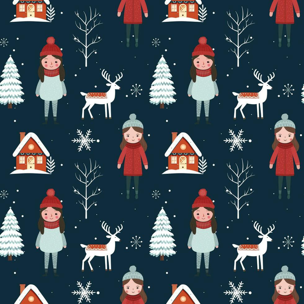 inverno senza soluzione di continuità modello con ragazze, Casa, nevoso alberi. Natale vettore modello. inverno sfondo design.