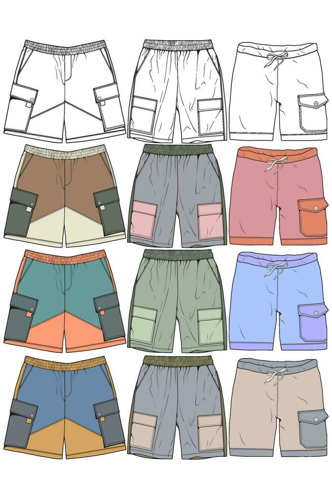 moderno corto pantaloni colorazione disegno vettore, moderno corto pantaloni nel un' schizzo stile, formazione modello vettore, vettore illustrazione.