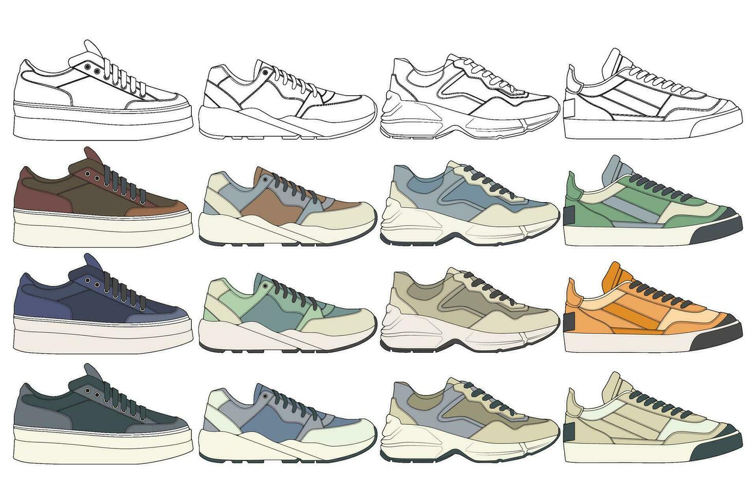 impostato di scarpe sneaker disegno vettore, scarpe da ginnastica disegnato nel un' schizzo stile, impacchettare scarpe da ginnastica formatori modello, vettore illustrazione.