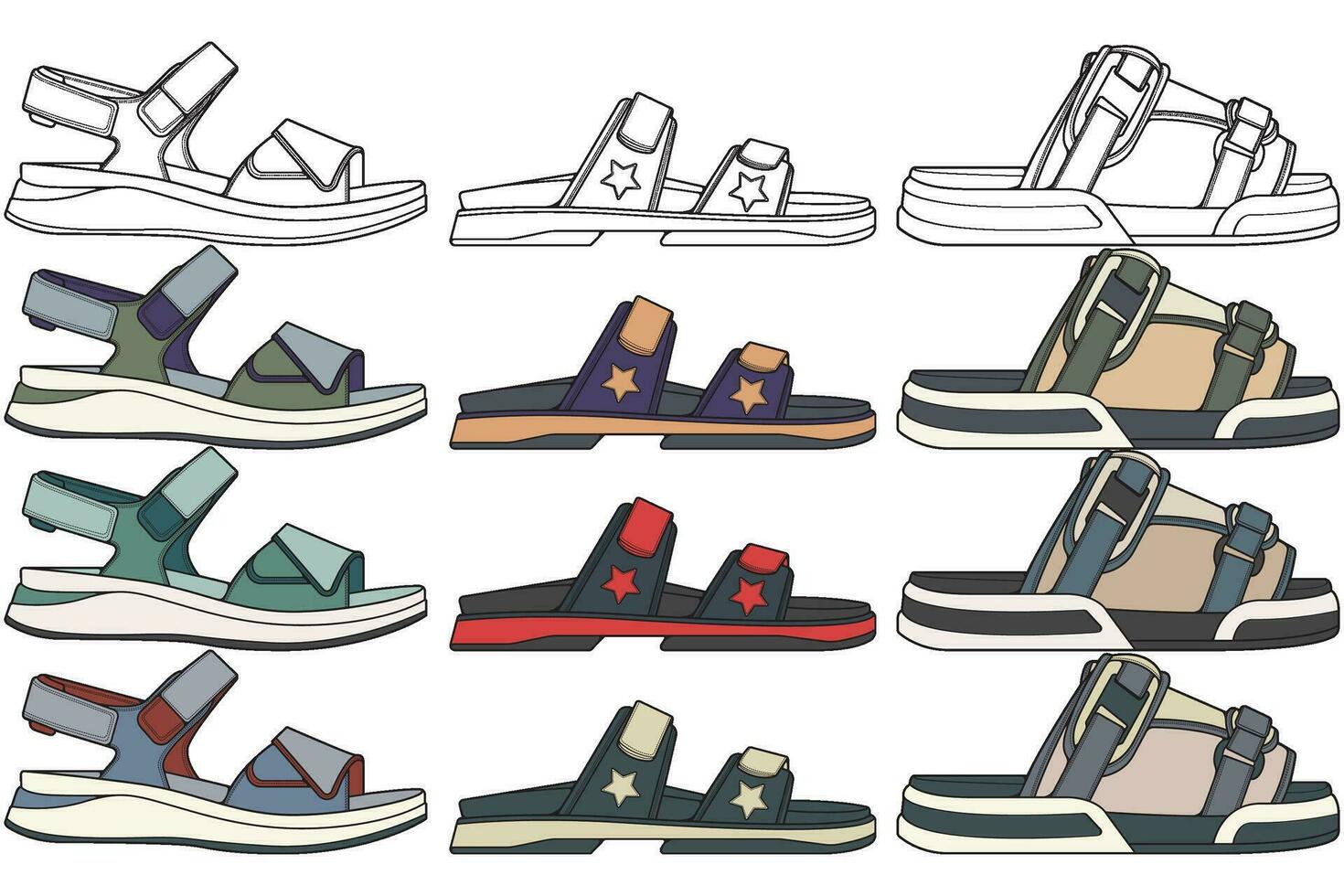 cinghia sandali colorazione disegno vettore, cinghia sandali disegnato nel un' schizzo stile, impacchettare cinghia sandali modello pieno colore, vettore illustrazione.