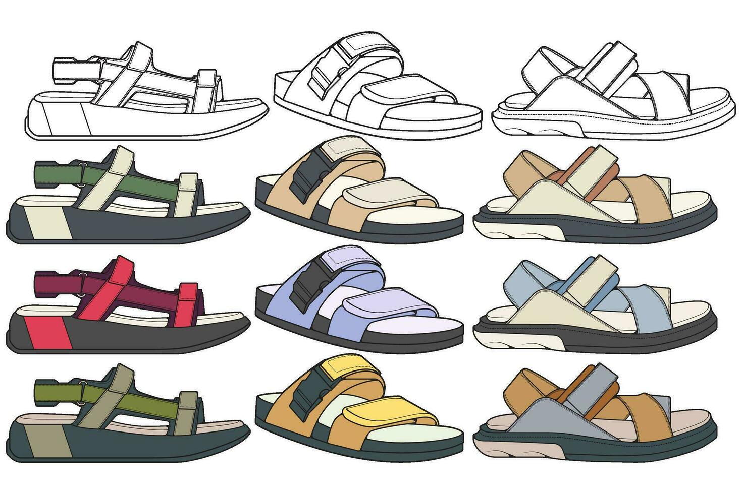 cinghia sandali colorazione disegno vettore, cinghia sandali disegnato nel un' schizzo stile, impacchettare cinghia sandali modello pieno colore, vettore illustrazione.