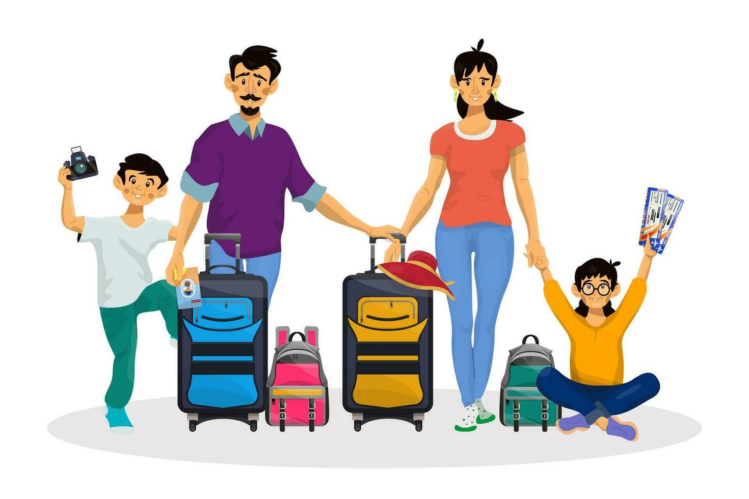 vettore cartone animato illustrazione di contento famiglia andando per viaggio. papà, mamma, e loro bambini.