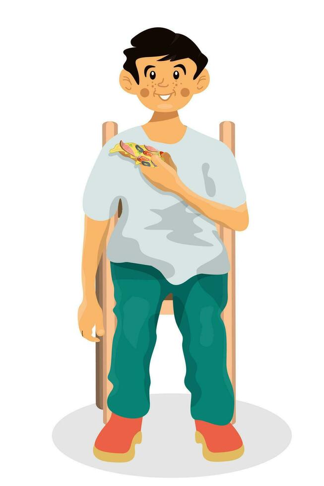 vettore cartone animato illustrazione di ragazzo mangia Pizza e seduta su sedia su bianca sfondo.