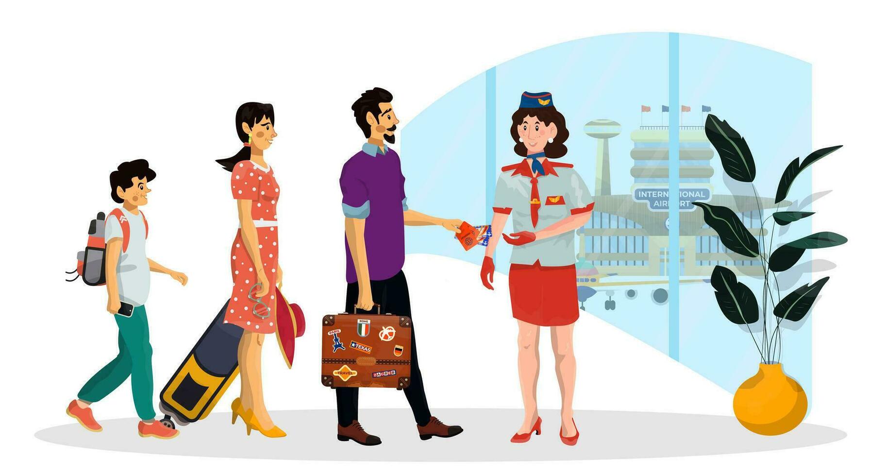 vettore cartone animato illustrazione di donna hostess chi dai un'occhiata Biglietti di viaggiatori nel un aeroporto.