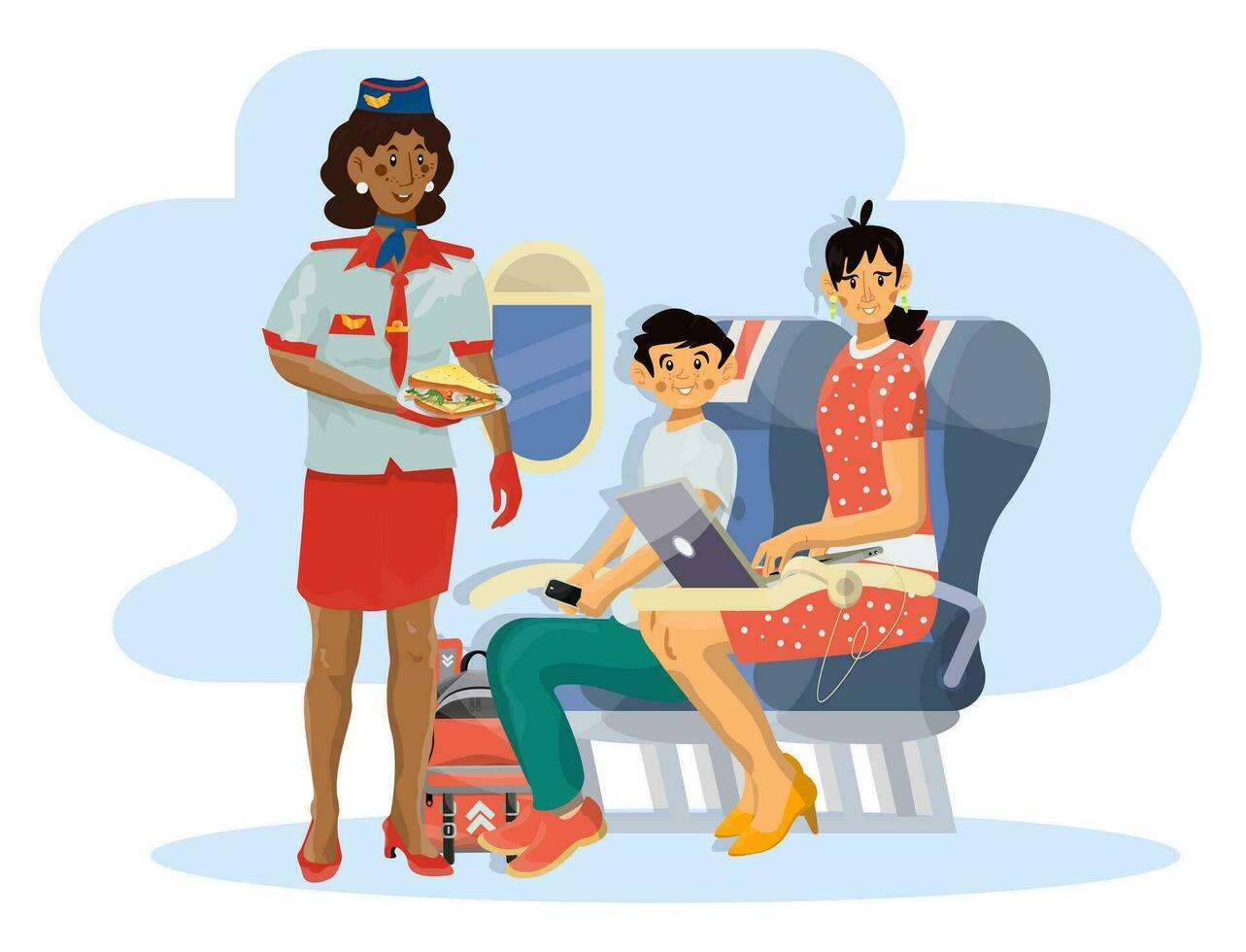 vettore piatto illustrazione di hostess servendo cibo su aereo.