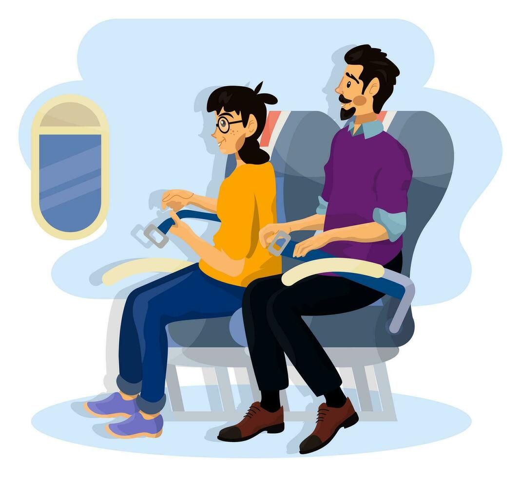vettore illustrazione di viaggiatori quale allacciare loro posto a sedere cinghie nel cabina su aereo durante il volo.