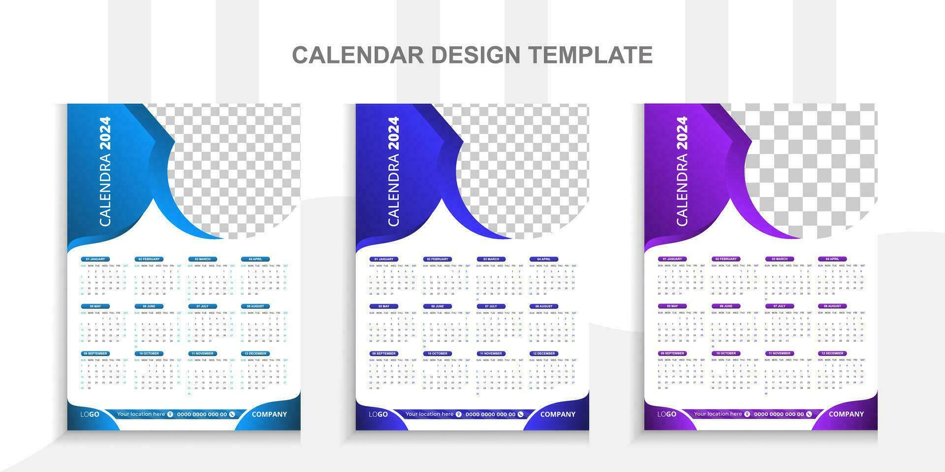 2024 moderno calendario design con posto per foto e attività commerciale o azienda logo.creativo calendario design vettore disposizione con 3 colorato modello.