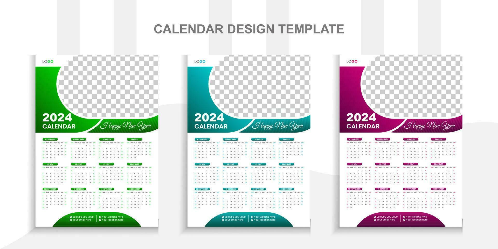 2024 moderno calendario design con posto per foto e attività commerciale o azienda logo.creativo calendario design vettore disposizione con 3 colorato modello.