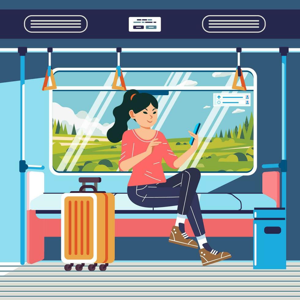 giovane donne viaggio utilizzando intercity treno, Tenere smartphone e assunzione un' autoscatto nel il treno vettore illustrazione