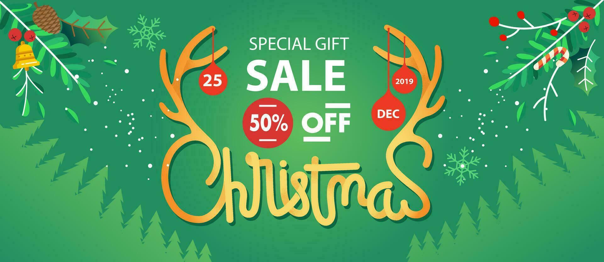 Natale vendita lettering illustrazione con Missletoe e pino albero come sfondo vettore