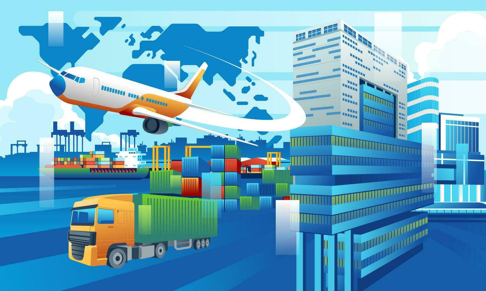 globale attività commerciale la logistica importare esportare di contenitori carico nave, contenitore camion, aereo, camion su città sfondo concetto, trasporto industria concetto vettore
