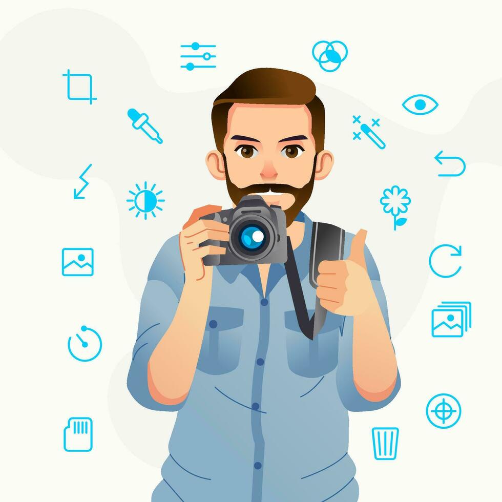 un' uomo porta un' telecamera e pollici su con vario linea arte icona in giro lui, vettore illustrazione