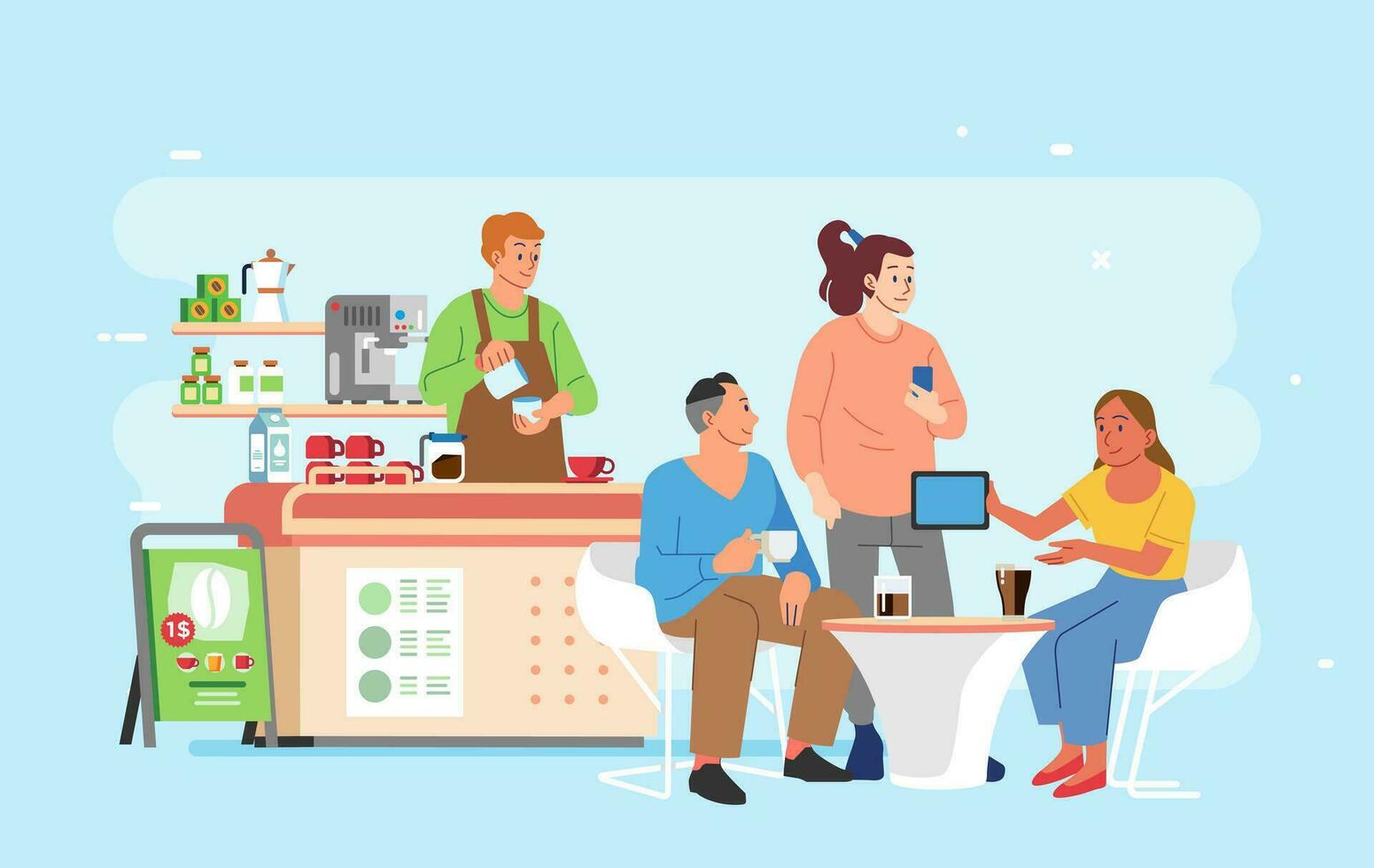 gruppo di persone uomo e donna bevanda caffè e Lavorando nel coffeshop. barista e cliente nel piccolo caffè negozio coworking vettore