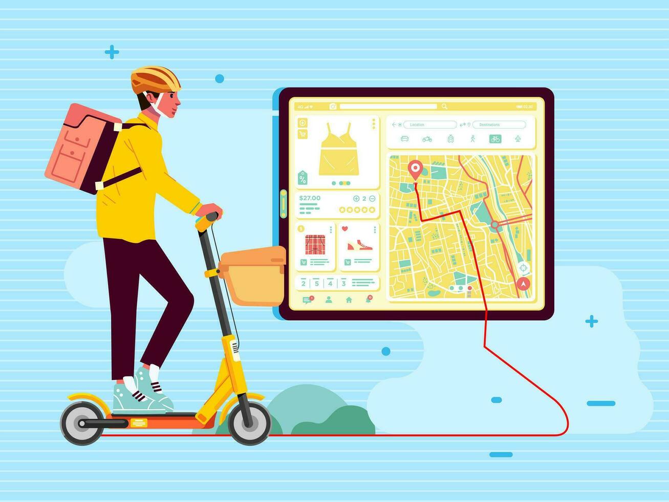 uomo vettori su mobile App tavoletta consegna Servizi cavalcata elettrico scooter e pacco scatola Seguire itinerari carta geografica concetto